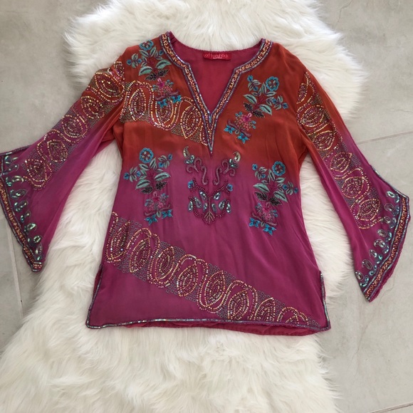 Bell-Sleeve Silk Beaded Blouse, size M - Picture 1 of 8